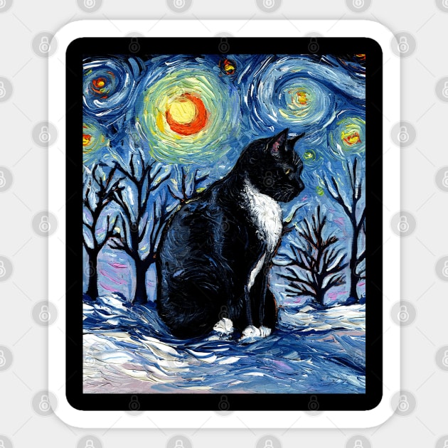 Winter Night - Tuxedo Cat Sticker by sagittariusgallery